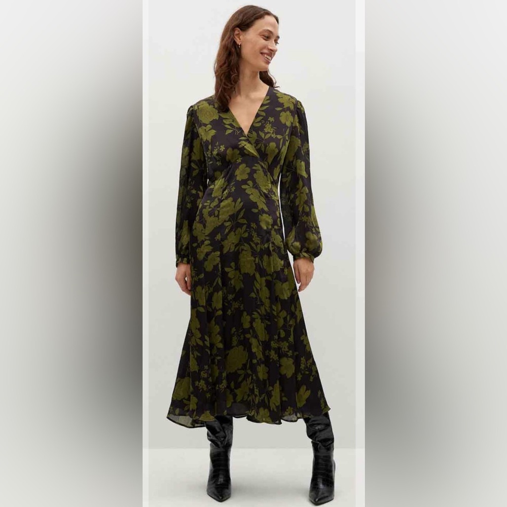 Black and green floral midi dress.  Skirt Lined with black slip.
